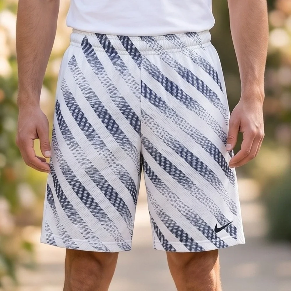 Nike Dri-FIT Basketball Shorts White Navy Diagonal Stripes Mens Athletic Gym